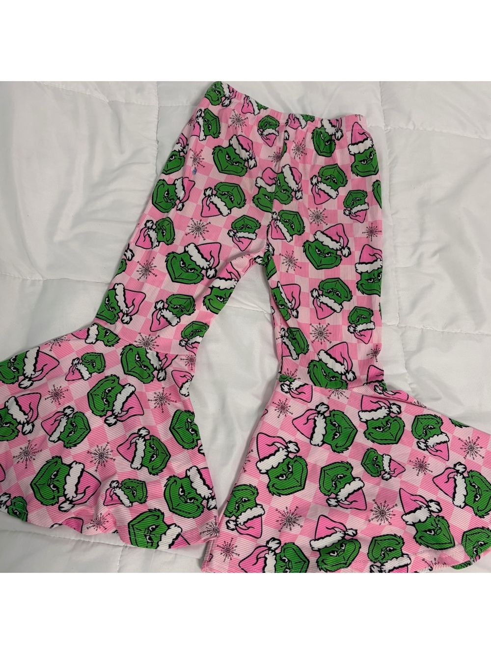 light pink & white checkered grinch christmas flared bell bottom leggings 5T